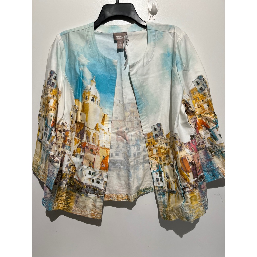 Chico's Travel Dreams Scenic Print Open Front Jacket 3/4 Sleeve Multi Size 2 L